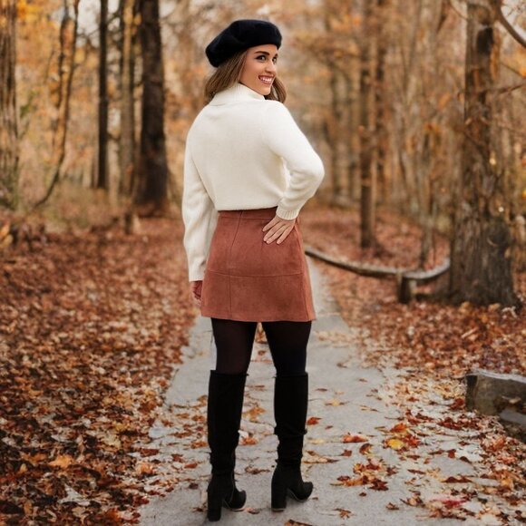 LULUS Shenandoah Mauve Suede Mini Skirt High-Rise Preppy A-Line Short Bottom XS - Picture 3 of 9
